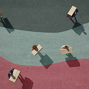 Group of young adults, photographed from above, on various painted tarmac surface, at sunrise.