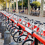 Row of bicycles for rent in Barcelona, Spain.