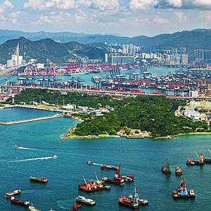 Aerial view of a container terminals in Kwai Tsing District, Hong-Kong.
