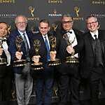 Teruhiko Suzuki, Greg Wallace, Istvan Sebestyen, Touradj Ebrahimi, Gary Sullivan holding their Emmys. 