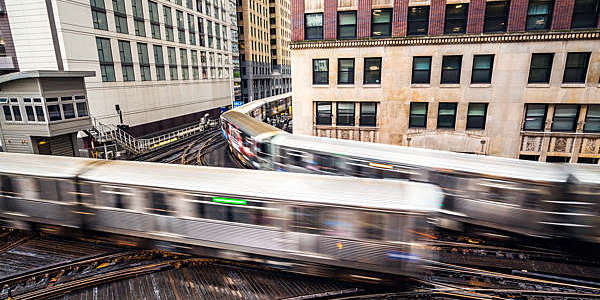High angle view of subway trains in motion in Chicago, USA.