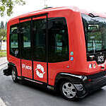 An autonomous shuttle bus is photographed at Bishop Ranch in San Ramon, California.
